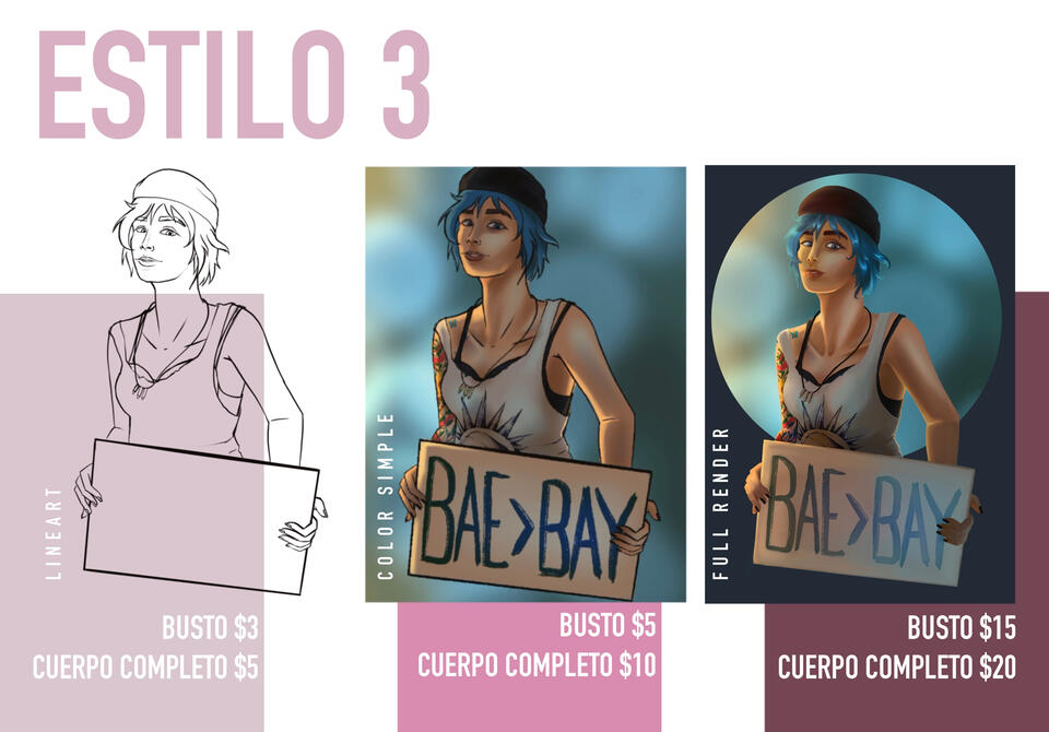 Estilo 2. Retrato $30. Cuerpo completo $50